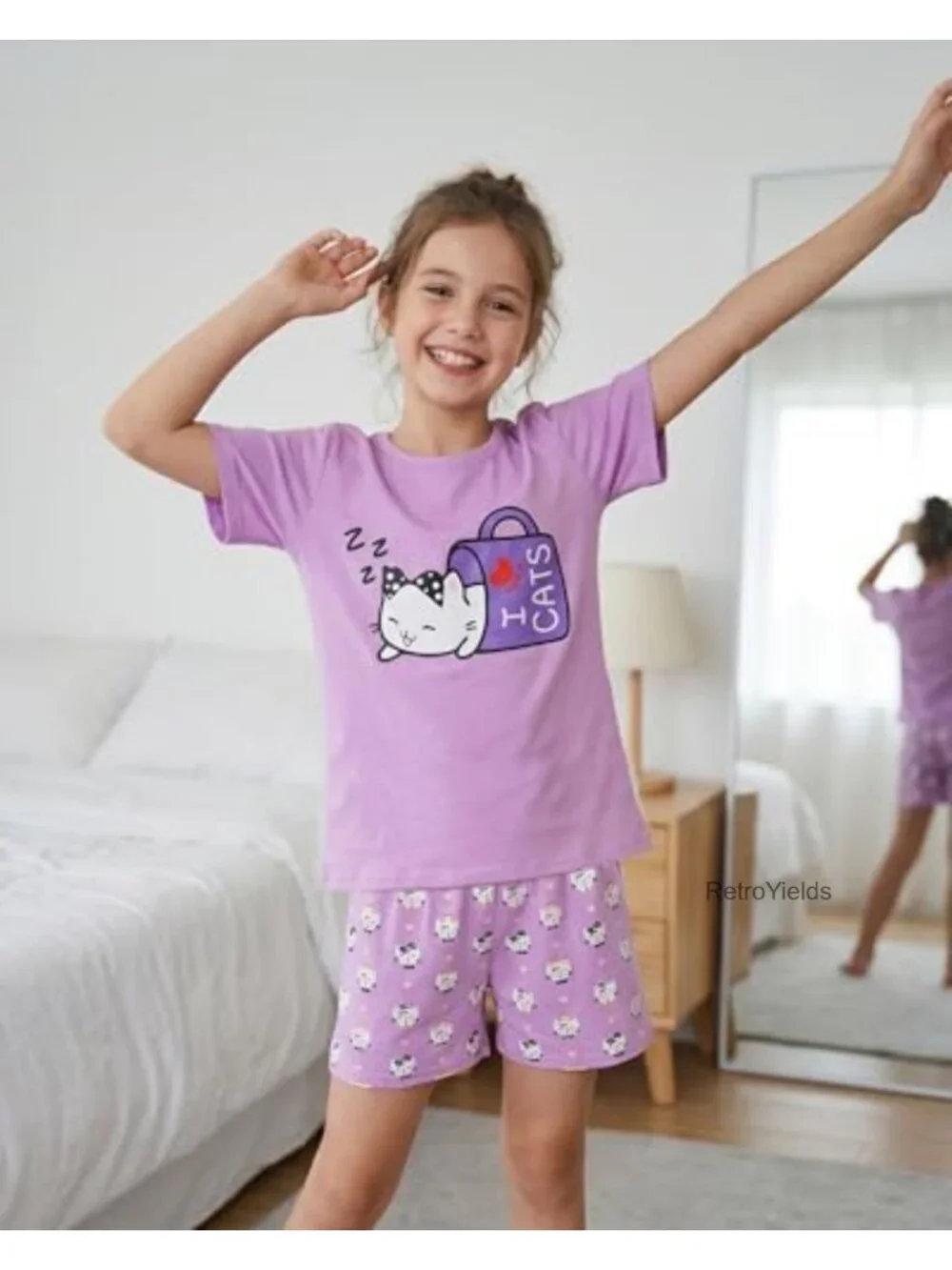 Girls Cotton Sleepwear Pajama Set Cute Cat Print Short Sleeve Nighty Comfy